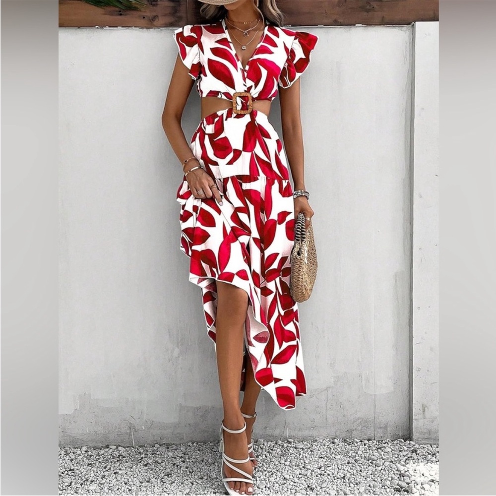 Red and White Asymmetrical High-Low Sundress